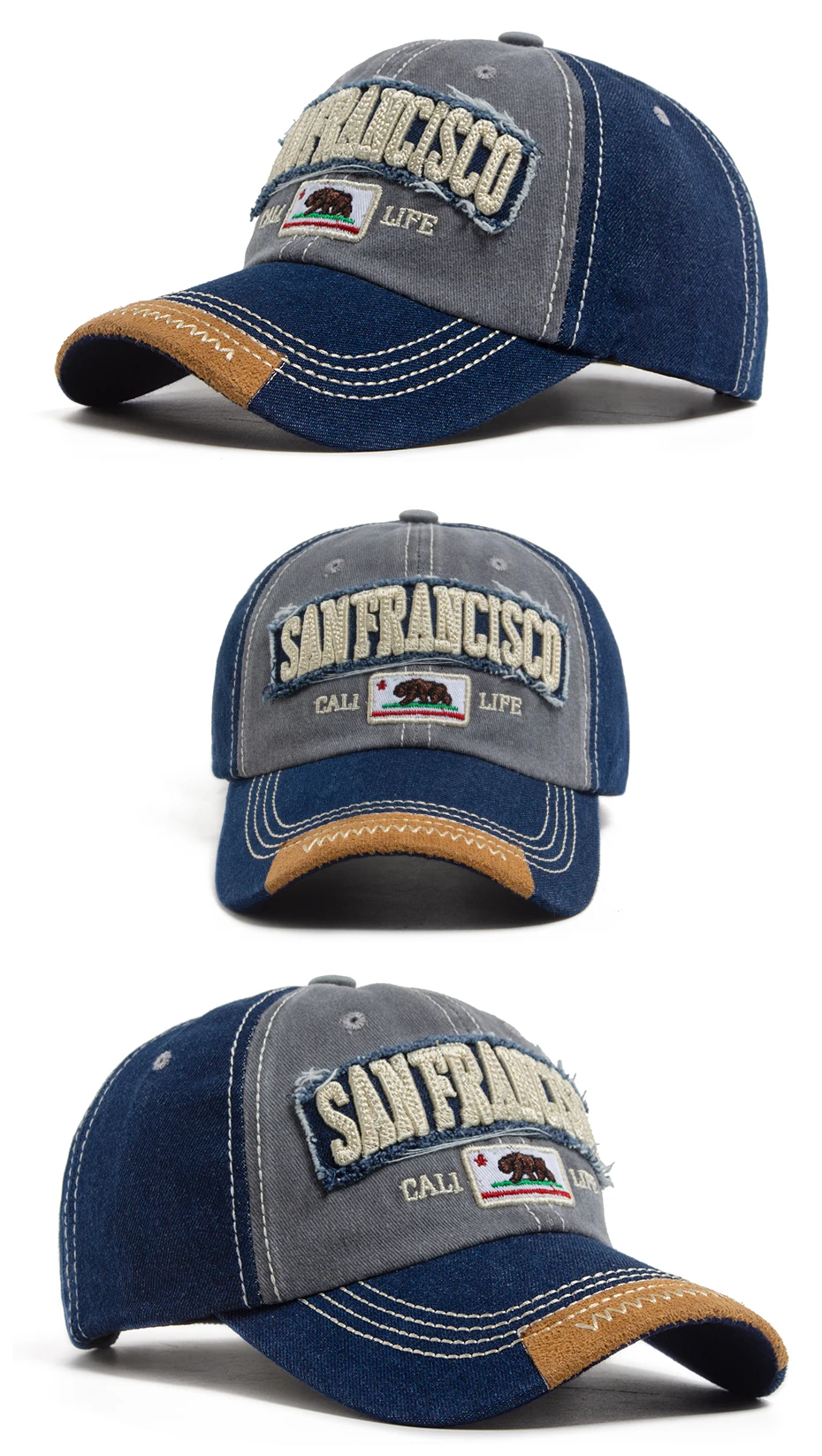 California Bear Baseballkappe für Herren und Damen, gewaschener Denim, Retro-Buchstabe, bestickte Mütze, Sommer, Hip-Hop-Snapback für den täglichen Gebrauch, lässig – Detail 5