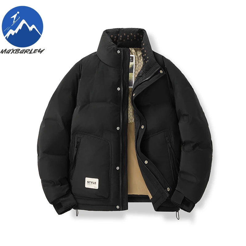 Maxbarley 2026 الرجال سترة قصيرة أسفل العلامة التجارية سميكة يندبروف الأبيض بطة أسفل معطف الشتاء الرجعية الدافئة الوقوف طوق سترة السمك المنتفخ