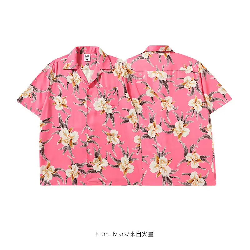 Elegant Women Couples Lovely Flower Shirts Cuba Collar Oversized Summer Tops Men\'s Hip Hop Fashion Beach Blouse Short Sleeve Tee