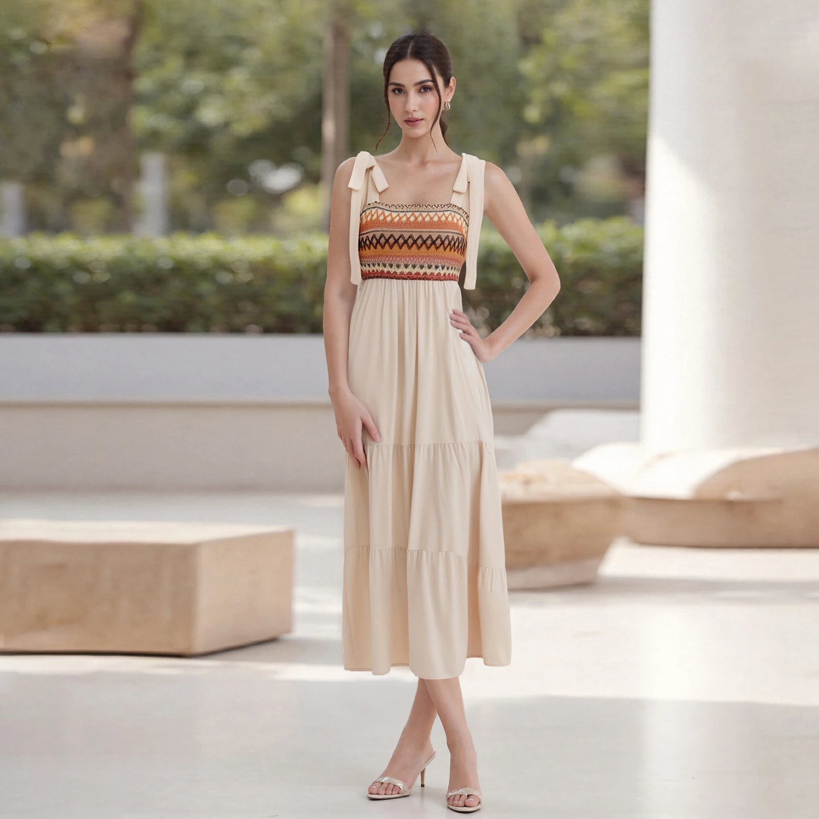 Vestido feminino boho com gravata e ombro, estampa geométrica, pescoço quadrado, sem mangas, costas abertas, linha A, vestido midi com babados em camadas