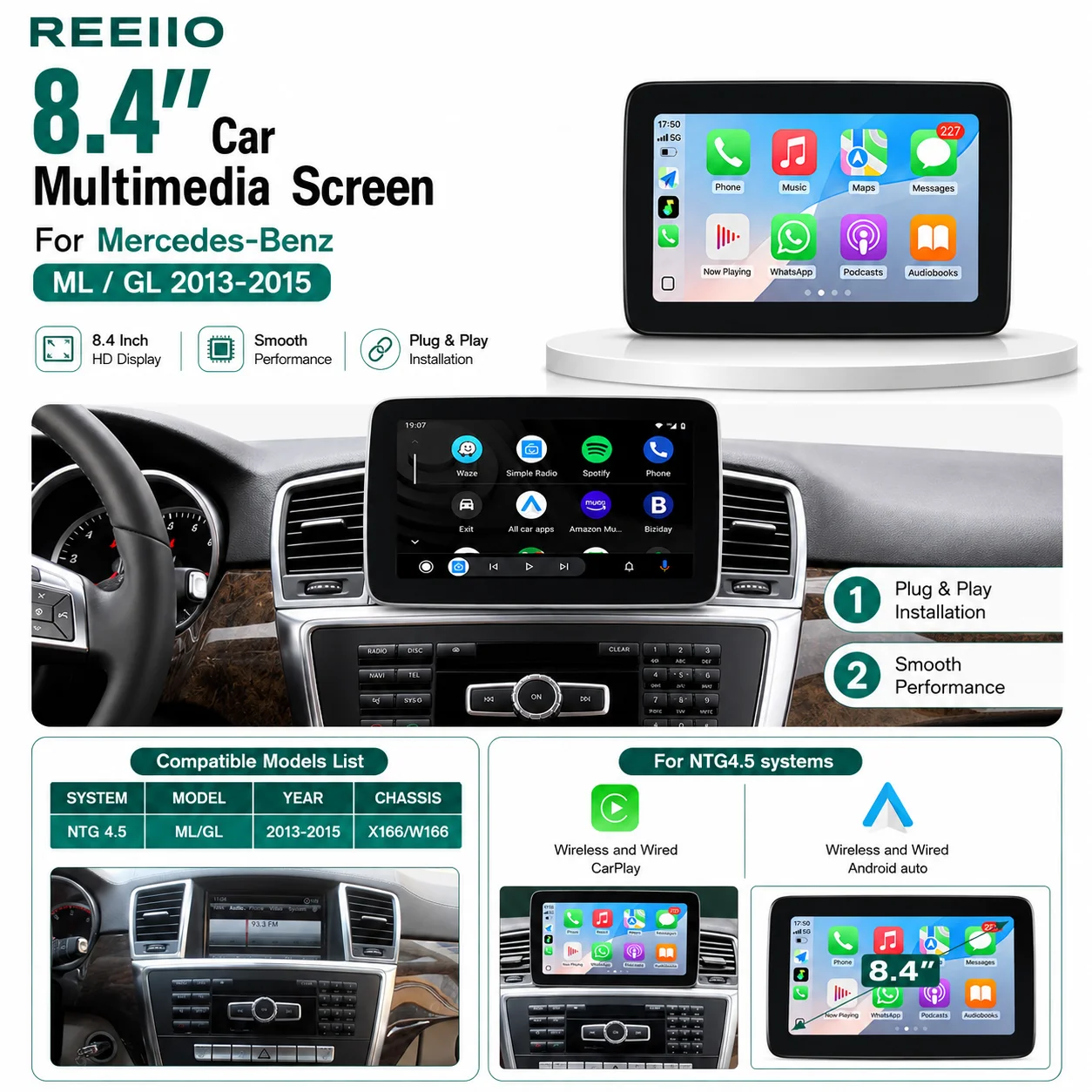 8,4-Zoll-Linux-Touchscreen-Autoradio für Mercedes-Benz ML W166 ML350 GL X166 (2012–2015) – GPS mit CarPlay, Android Auto, AirPlay und Bildschirmspiegelung