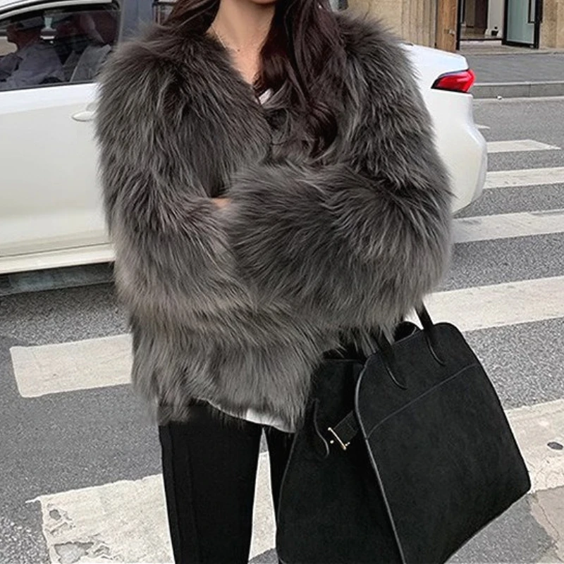 فو الفراء معاطف النساء سترات من الفرو قصيرة الخامس الرقبة طويلة الأكمام المفتوحة غرزة سميكة الدافئة الفراء فضفاضة مكتب سيدة عادية 2025 الخريف الشتاء #1