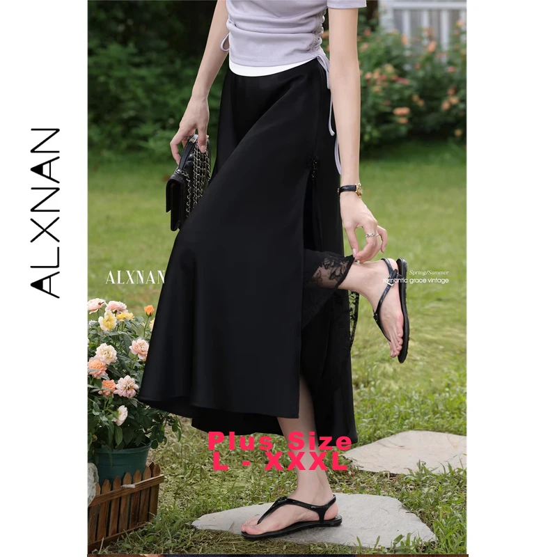 

ALXNAN Plus Size Women's Black Skirt Elegant Lace Patchwork Long A-line Skirt Summer Holiday Casual Ladies Clothing D10733-1