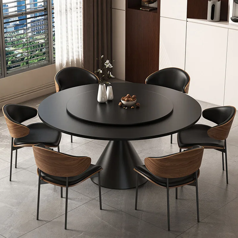 Italian minimalist pure black rock slab round dining table with turntable home high-end living room retro small apartment dining