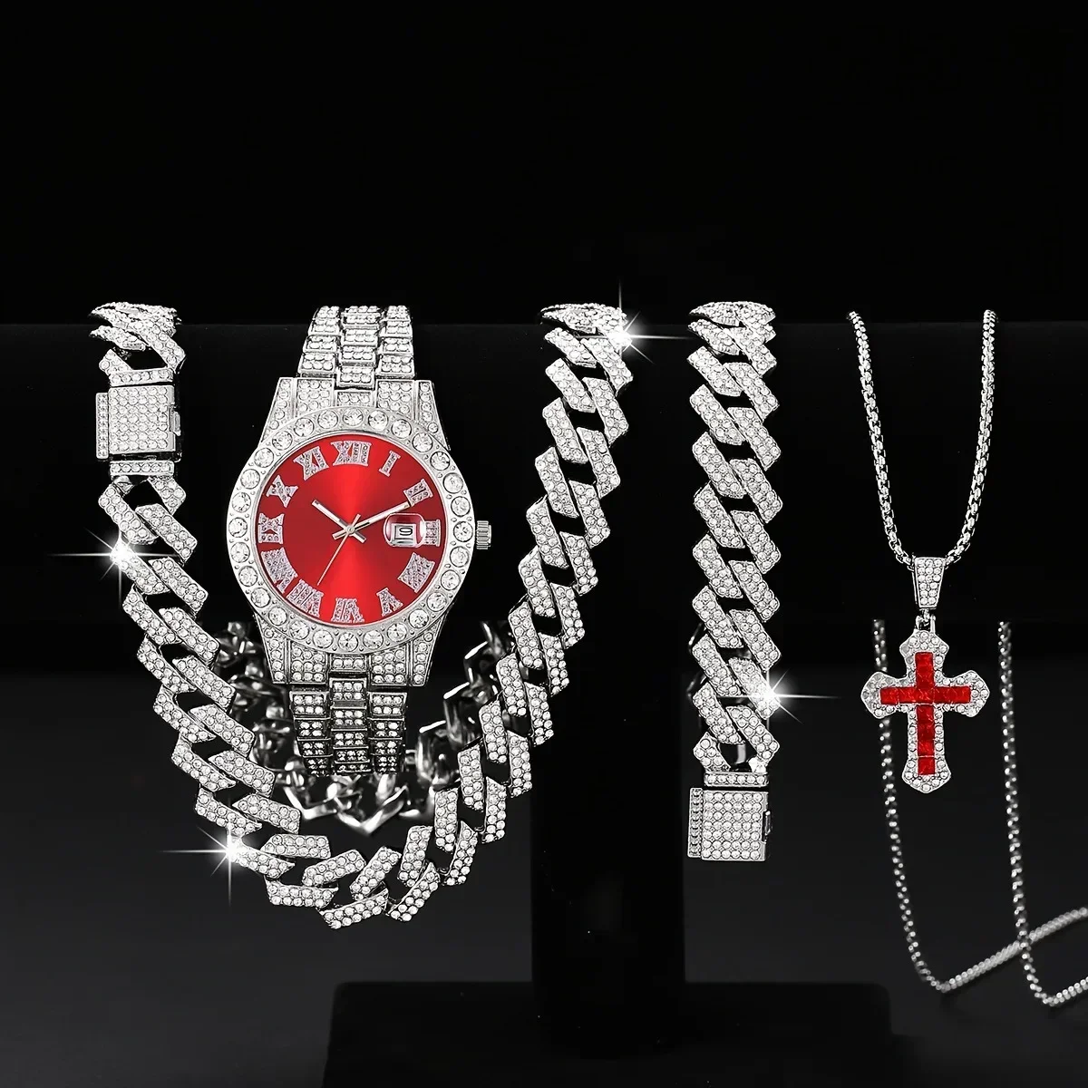 5pcs Foreign Trade Hot Men's Watch Set Hip Hop Full Diamond Quartz Watch Set Men's Business Quartz Watch