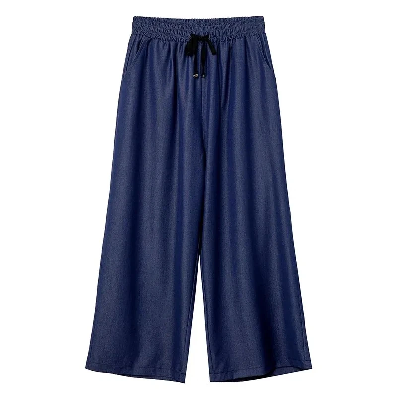 Ice Silk Denim Wide Leg Pants Women's Summer Thin Elastic High Waist Jeans Female Straight Trousers Female Ankle-Length Pants