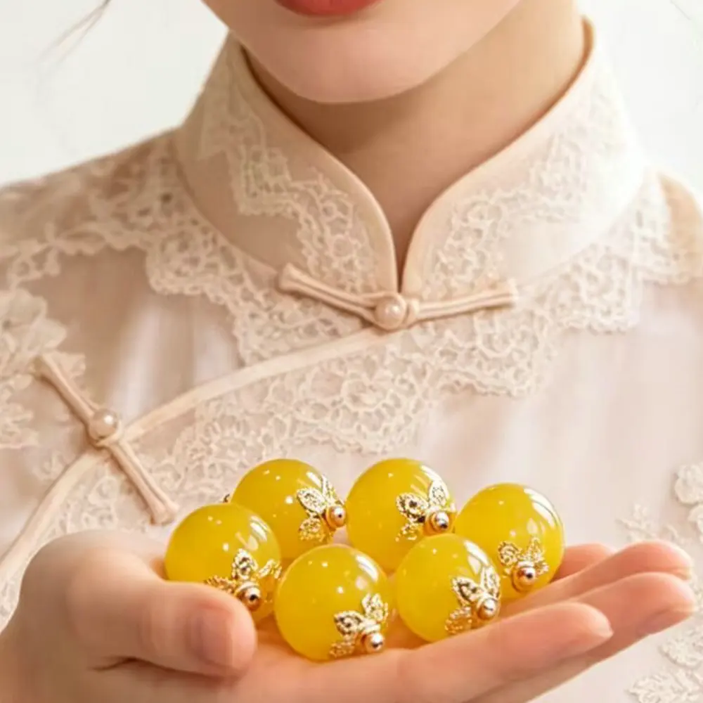 Natural Yellow Jade Ball Buttons with Floral Metal Setting – Translucent Gemstone Spheres for Luxury Garments & Bespoke Projects