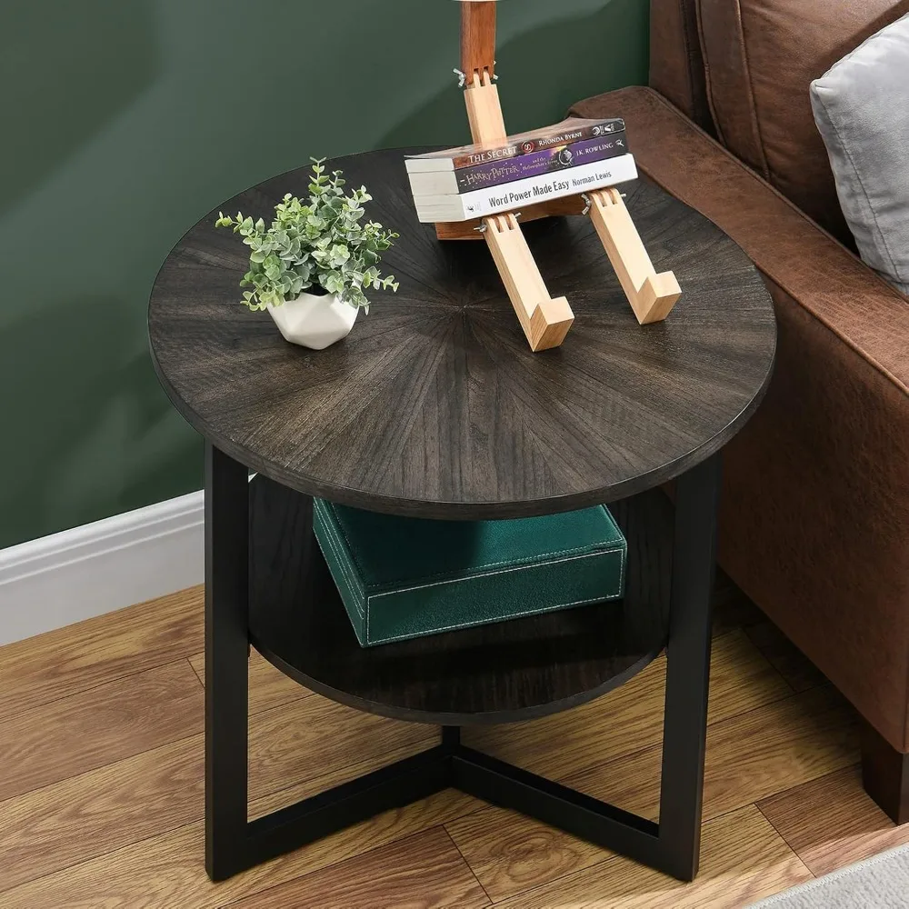 Large Round End Table with Storage Shelf, Rustic Circular Sofa Side Black Metal Legs, Solid Wood Nightstand, Telephone