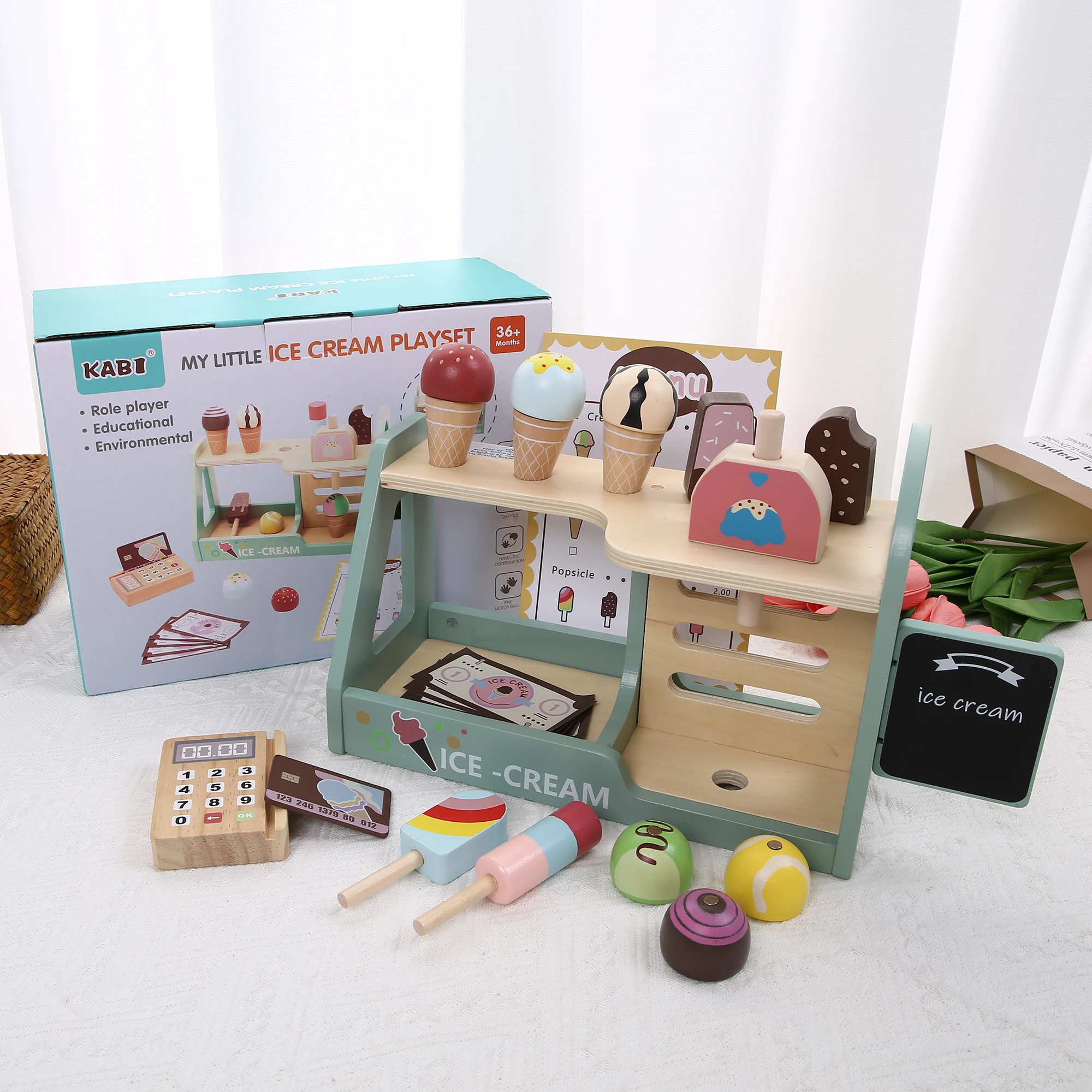 ชุดของเล่นเคาน์เตอร์ไอศกรีมสำหรับเด็ก ชุดของเล่นทำอาหารไม้ ชุดของเล่นไอศกรีม ของเล่นเสริมพัฒนาการเด็กเล็ก