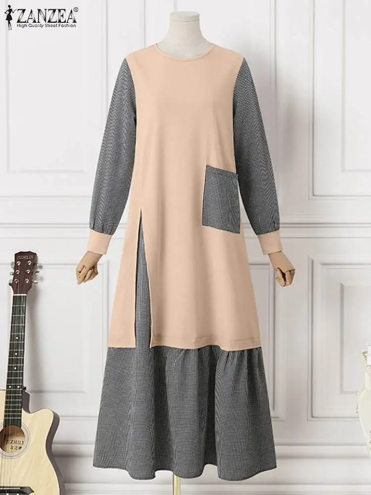 ZANZEA-Robe longue patchwork à carreaux pour femmes, vintage, musulmane, Turquie, Abaya, manches longues, éducative, à la mode