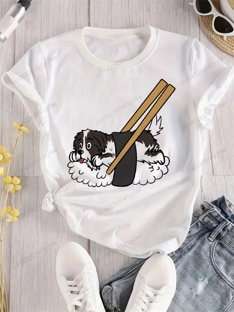 Mode dames T-shirt été mode T-shirt décontracté blanc drôle dessin animé Sushi imprimé T-shirt Hip Pop hauts T-shirt