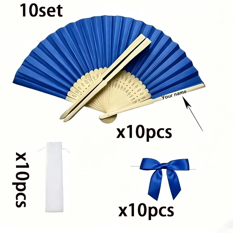 (Free Custom Engraving) 10Set/20Set/30Set/50Set Navy Blue Bamboo Folding Fans, Paired with Organza Bow, Wedding Decoration, Carnival Fan, Music Style Fan, Suitable for Weddings, Souvenirs, Valentine's Day, Christmas, Thanksgiving, Mother's Day, the Best Choice for Gift-Giving