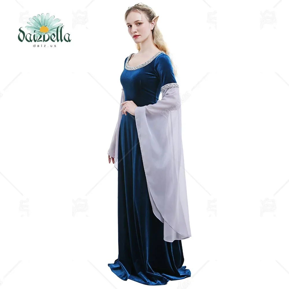 DAIZBELLA-Vestido retrô de veludo de elfo fada com mangas, traje cosplay medieval, vestido medieval, azul escuro, feito à mão