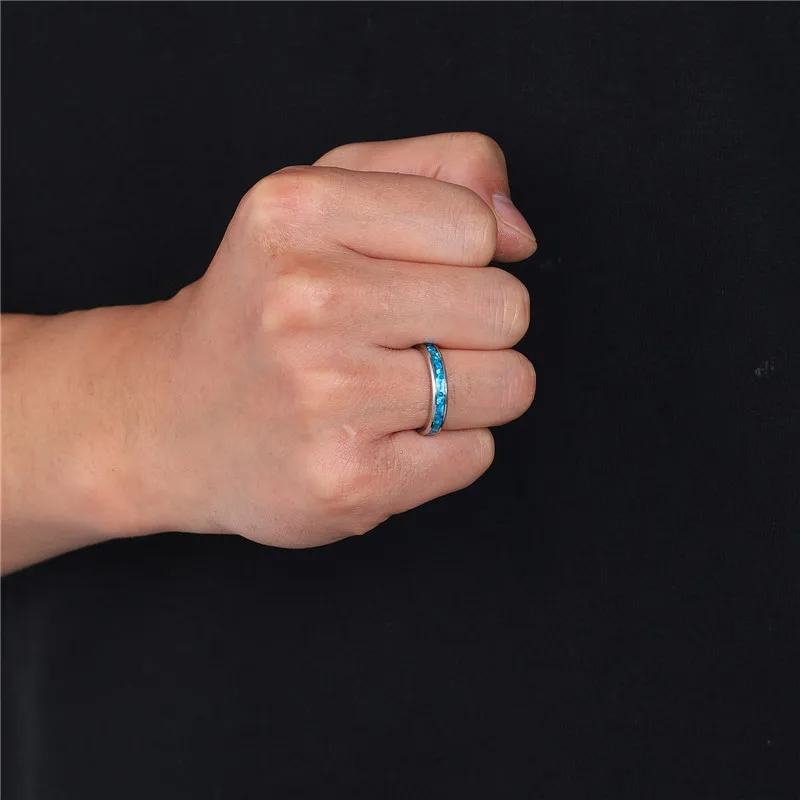 Elegant Blue Opal Rings For Women Men Minimalist Stainless Steel Party Wedding Rings Simple Fashion Jewelry Party Gift