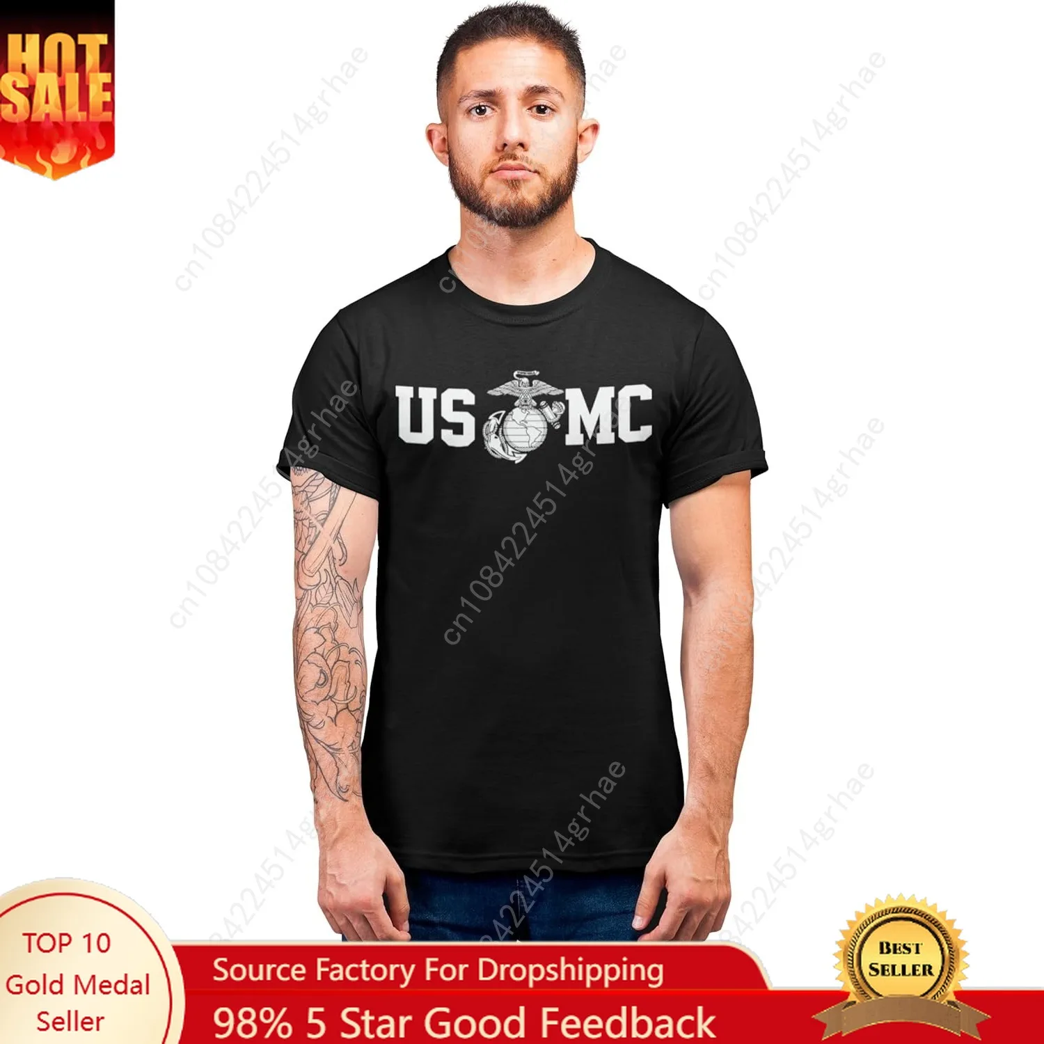 

Lucky Ride Marine Corps Men's T-Shirt Bull Dog Front and Back USMC Men's Shirt