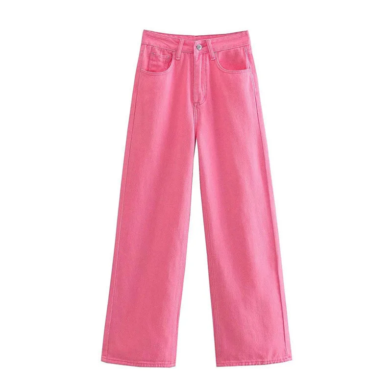 Women Sweet Pink Jeans Korean Style High Waist Wide Leg Pants Spring Autumn Loose Draping Floor Length Straight Denim Trousers