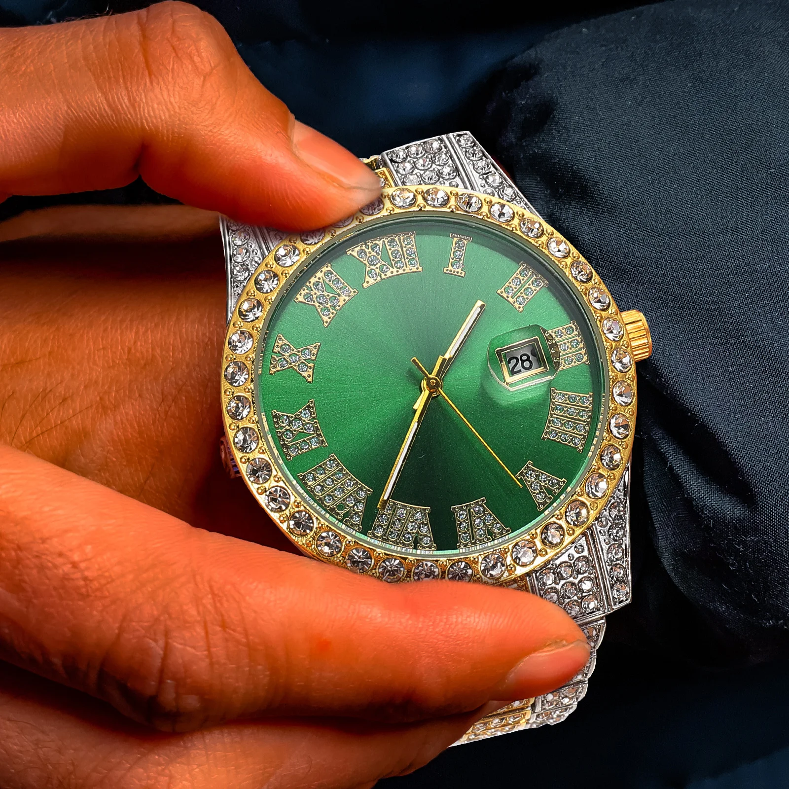 Relógio masculino de quartzo de aço inoxidável incrustado de diamantes elegante casual elegante relógio para negócios masculino relógio de pulso confortável