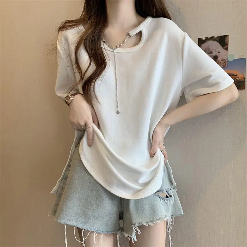 Hot 2026 New Summer Women Cross Border Lace Splicing T-Shirt European Trendy Design Letter Round Neck Short Sleeve T-Shirt Tops
