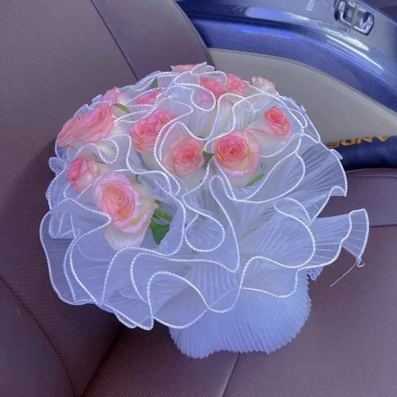 ورق تغليف الزهور الاصطناعية - شبكة زخرفية مموجة من اللؤلؤ الأبيض للباقات، تغليف هدايا الزهور الصناعية، مجعدة F