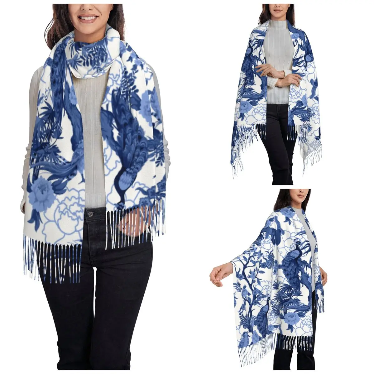 Peacock And Peonies In Chinese Scarf for Womens Winter Warm Pashmina Shawl Wrap Birds Floral Art Large Shawl Scarf for Ladies