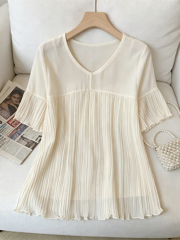 

Elegant V-Neck Pleated Summer Shirt Women's Fashionable Chiffon Top Short Sleeve Cover Belly Personality plus Size Blouse
