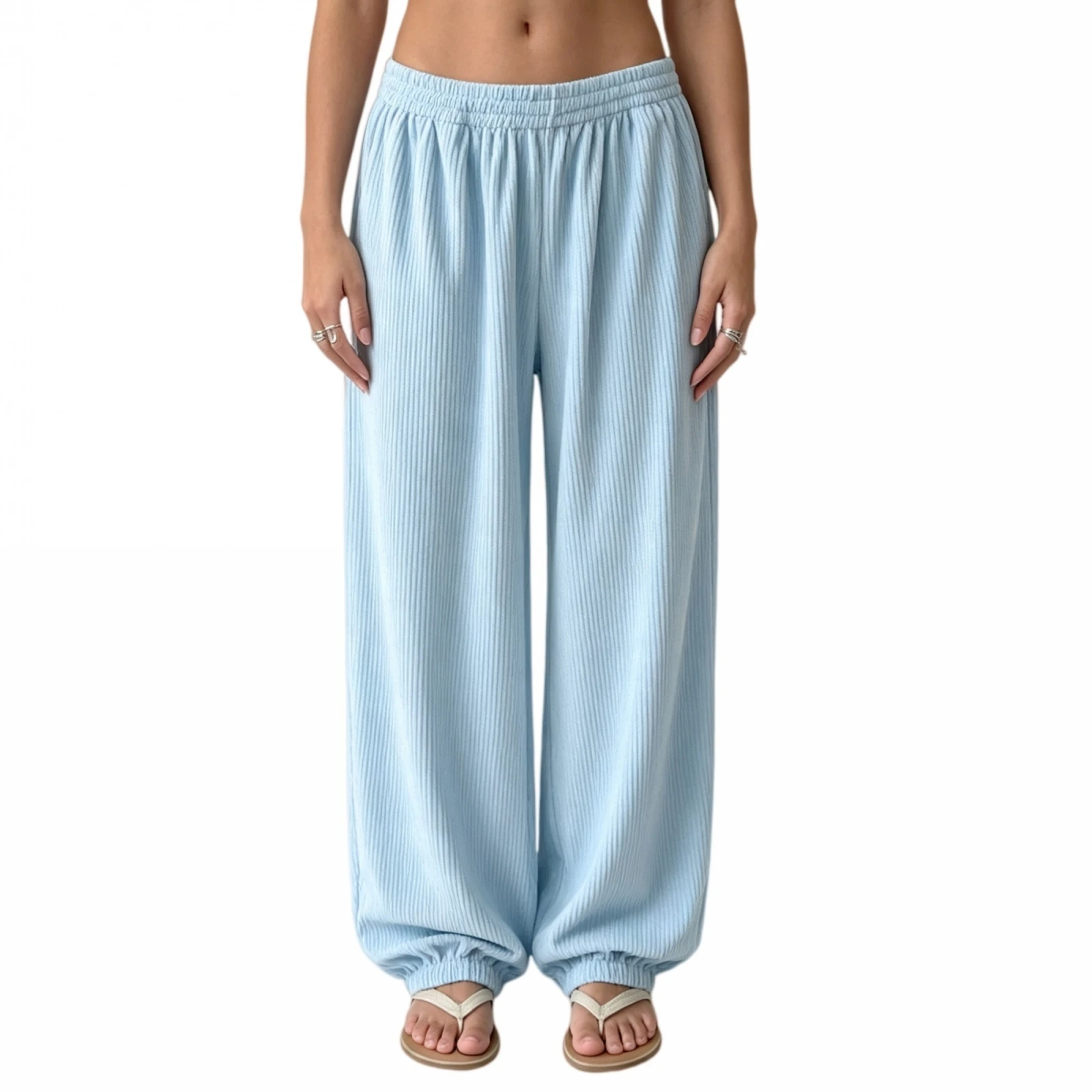 Women Balloon Pants Solid Color Elastic Waistband Loose Wide-Leg Trousers