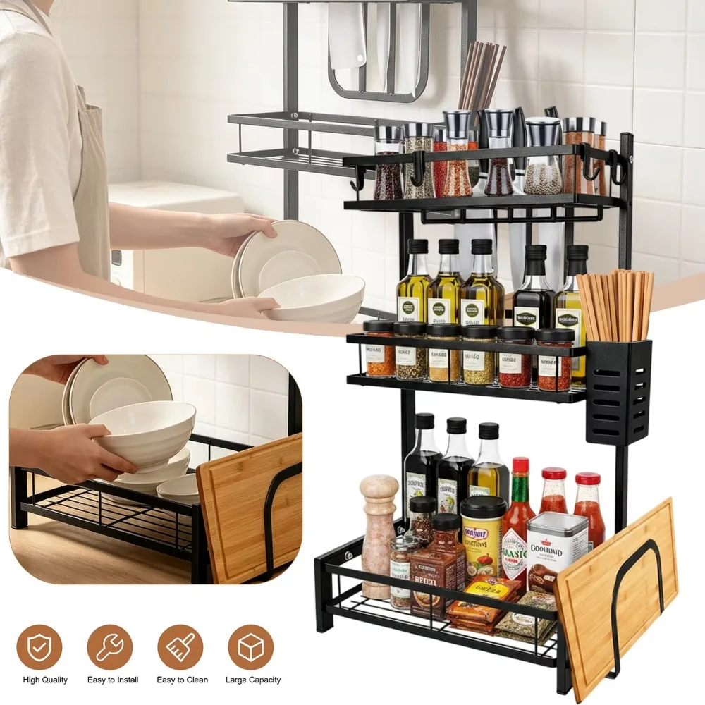 Portaoggetti a 3 livelli per cucina e bagno, con supporto per tagliere, portacoltelli, contenitore per utensili e 3 ganci appendiabiti, in acciaio inossidabile nero, ideale come organizer da appoggio