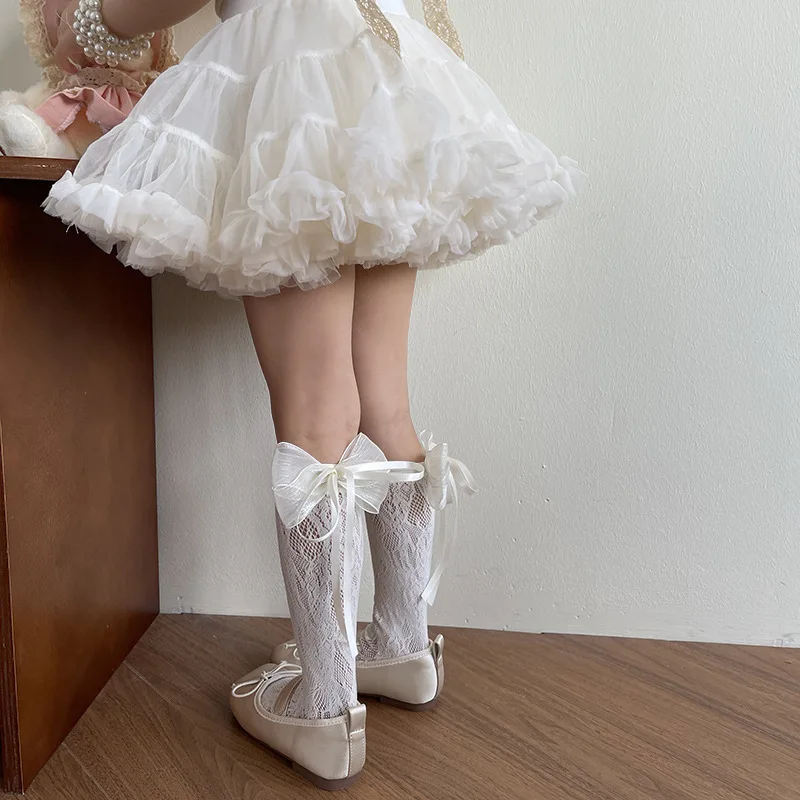 Kids Pearlescent Mesh Bow Ribbon Decor Socks for Kids Soft Breathable Mesh Princess Series School Socks for Girls Spring Summer