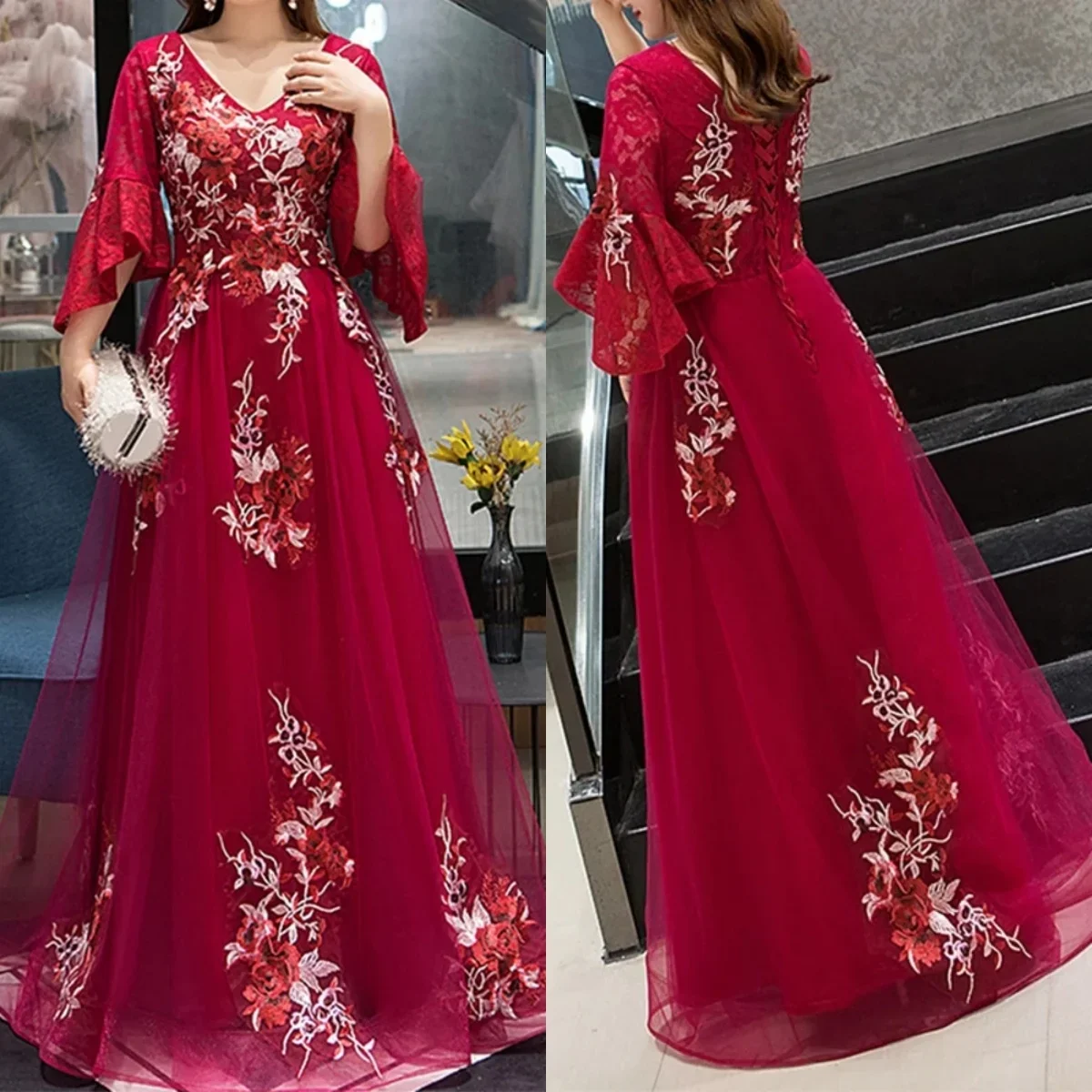 

Evening Dresses Burgundy Vestidos De Soiree Half Sleeves Lace Up Appliques A-line Floor Length Plus size Women Party Formal Gown