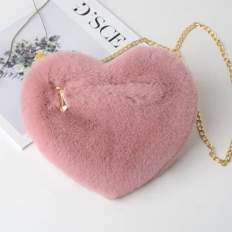 Fashion Women\'s Heart Shaped Handbags Cute Kawaii Faux Fur Crossbody Bags Wallet Purse Plush Chain Shoulder Bag Lady Handbag