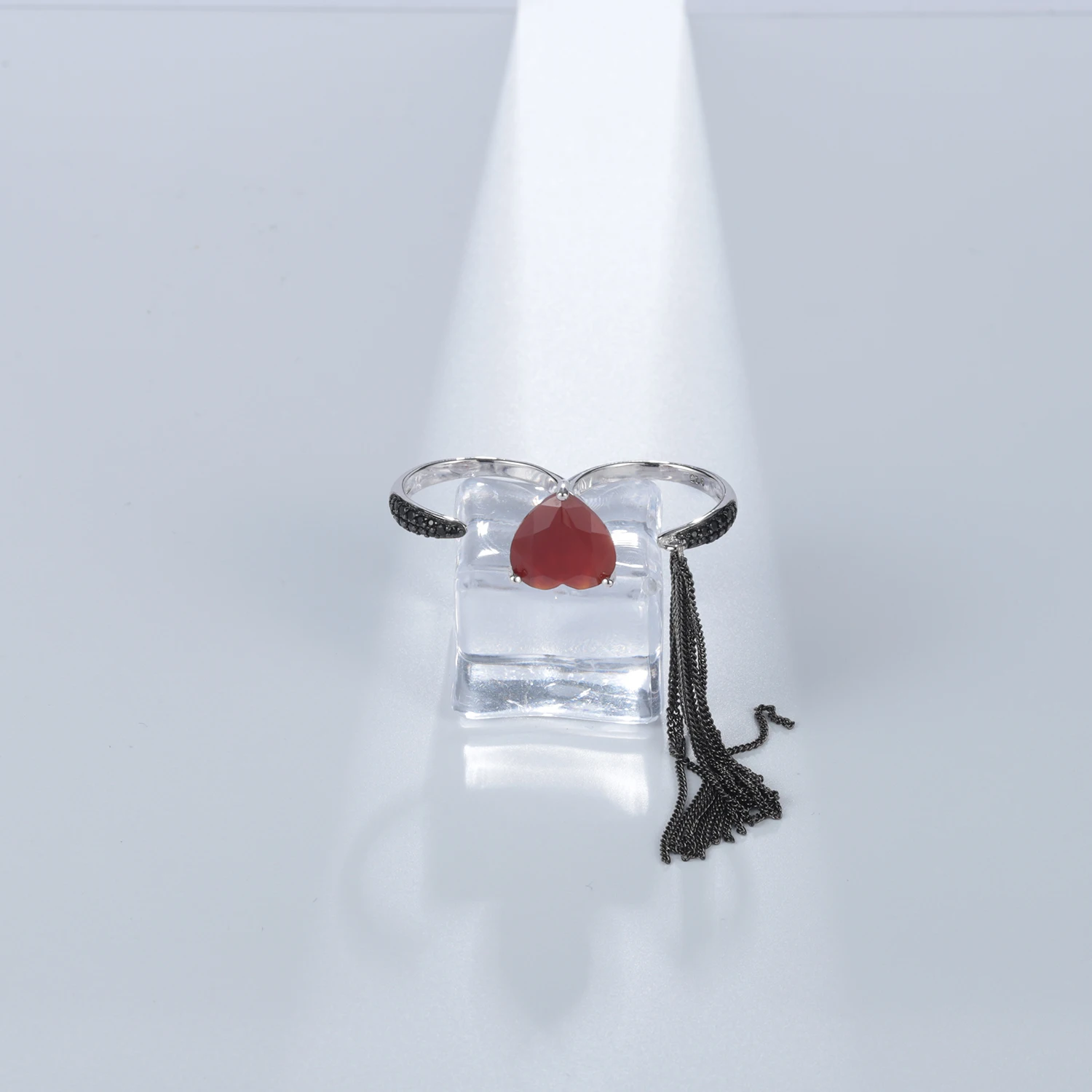 GEM'S BEAUTY Original Design Heart Adjustable Ring with Tassels 925 Sterling Silver Red Agate Anniversary Ring Love Token Gift