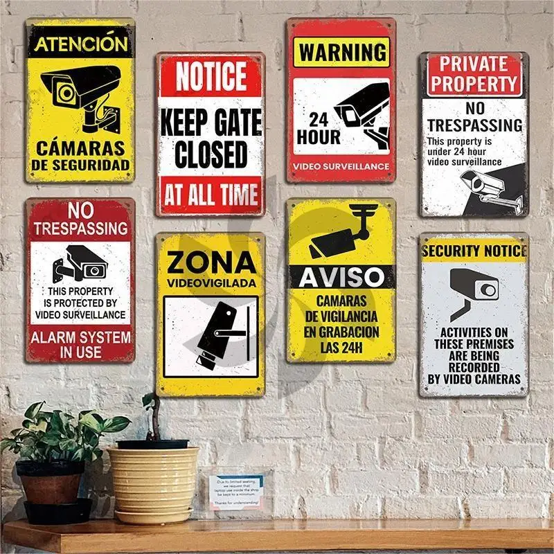 Warning CCTV Tin Signs Metal Plaque Notice 24 Hour Security Camera Vintage Poster Metal Plate Wall Decor for Mall Shop Bar