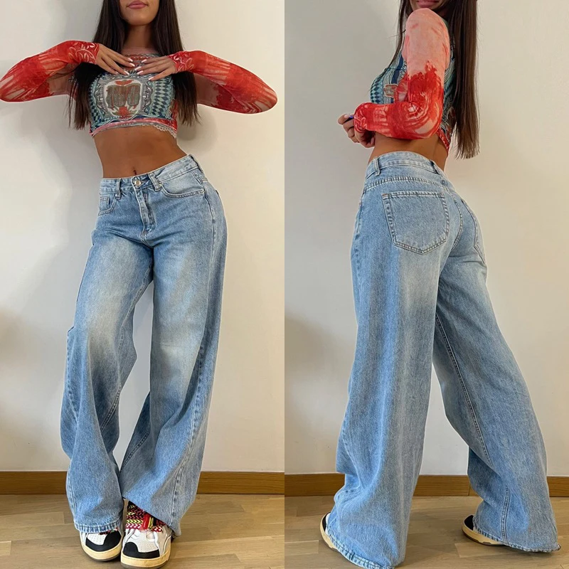 

2024 Girls Beautiful Wide Leg Long Denim Pants Women Fashion Pocket Style Long Jeans High Street Navel Mid Waist Button Trousers