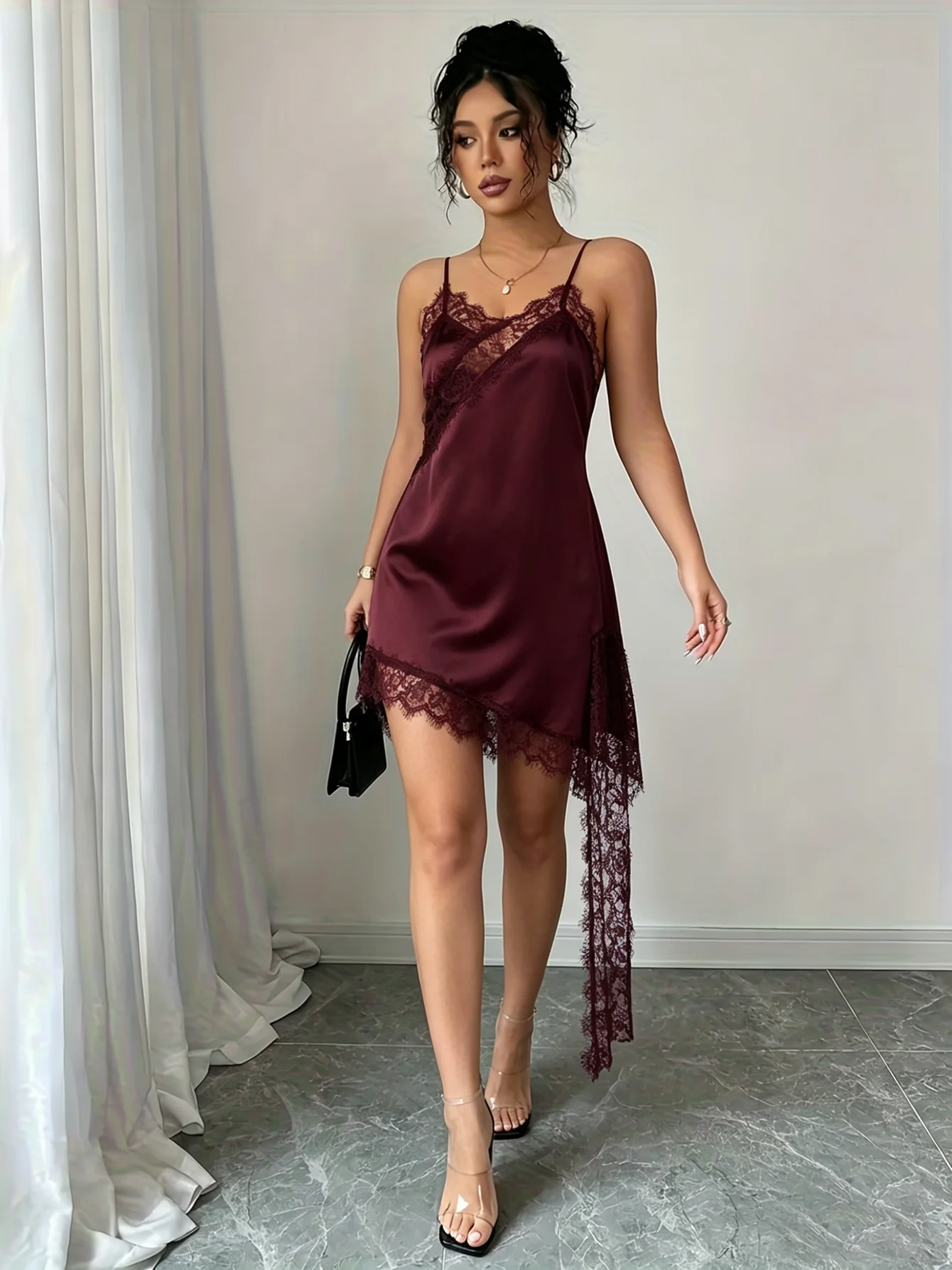 

Women Spaghetti Strap Mini Dress Lace Solid Burgundy Asymmetrical Dress Elegant Summer Sexy Evening Cocktail Party Date Dress