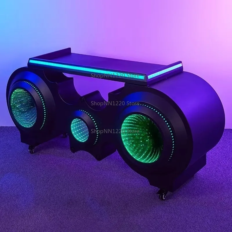 غرامة تلميع عالية الجودة الفولاذ المقاوم للصدأ الحديد حانة ثلاثية الأبعاد شاشة Led Dj كشك حامل الجدول مع شريط الضوء محطة DJ شعار مخصص
