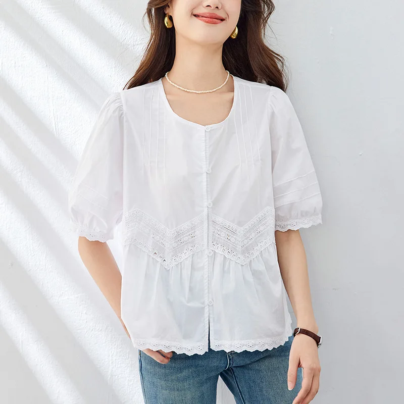 Round Neck White Shirt, Women's Short Sleeved Shirt, 2025 Summer Lace Lace Lace Design, Bubble Sleeve Top, Shirt