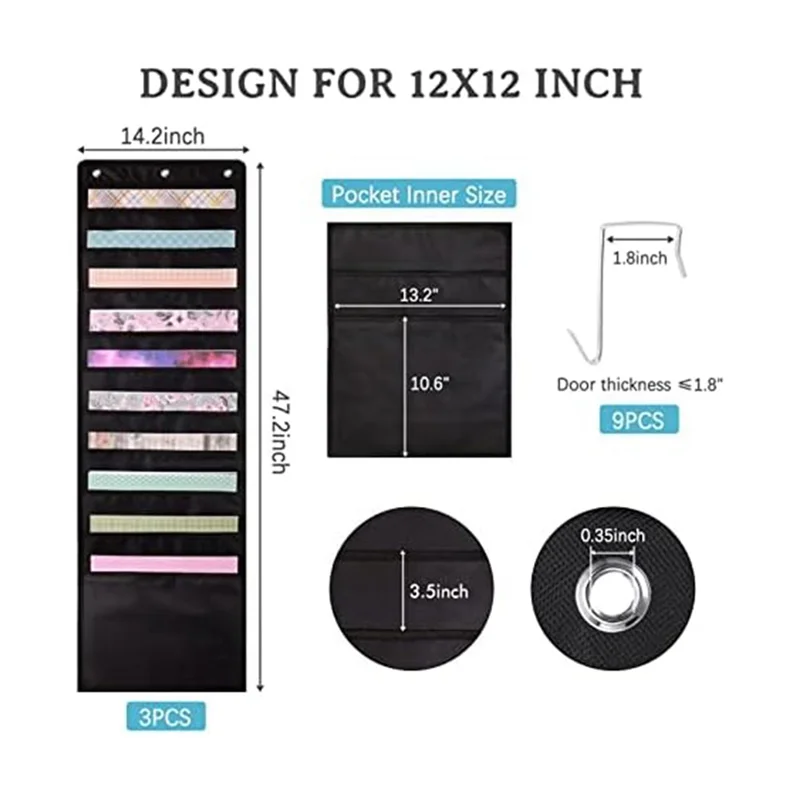 3 pçs scrapbook papel pendurado sacos de armazenamento de papel 12x12 Polegada com ganchos de porta para scrapbooking, cartolina