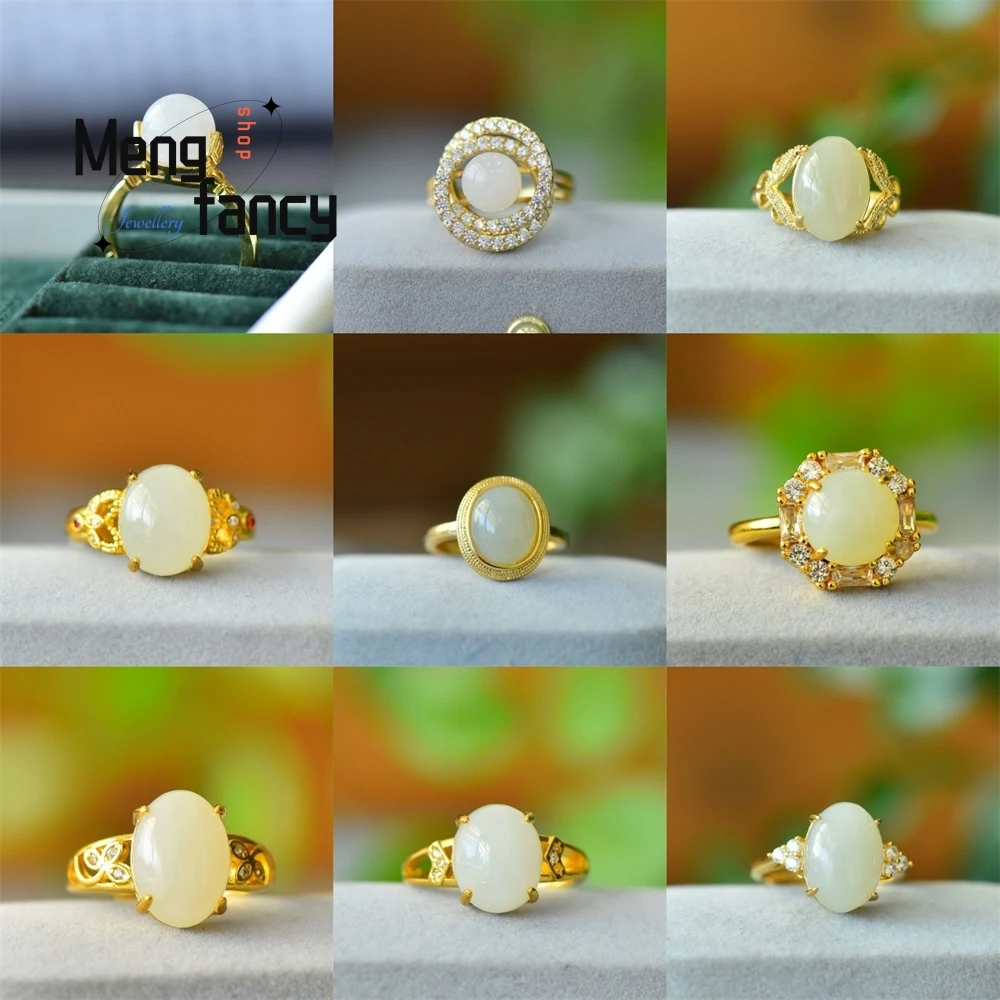 

Copper Inlay Natural Hetian White Jade Pigeon Egg Ring Exquisite Fashion Jewelry Sexy Young Girls Couple Popular Holiday Gifts