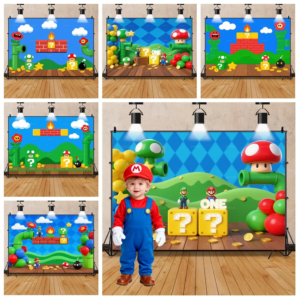 Mushroom Coin Red Plumber Green Pipe Question Block Star Backdrop Photo Booth Birthday Baby Shower Party Decor Pixeled Retro