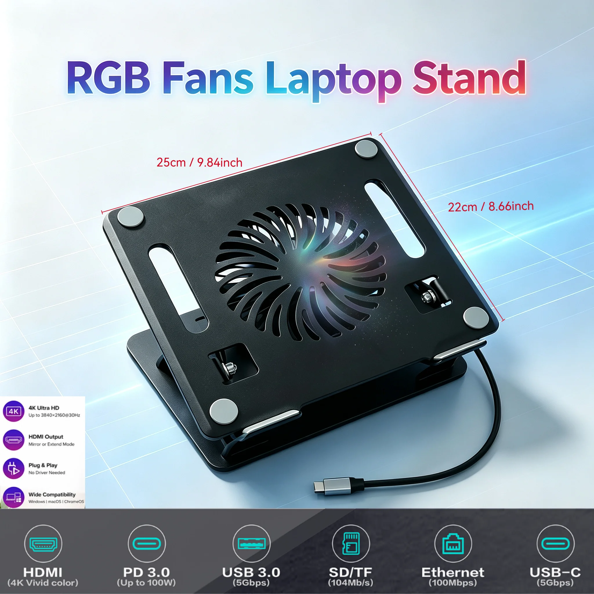 RGB Fan Laptop Cooling Stand, 360° Rotatable Foldable Laptop Riser, USB-C Docking Station with 4K HDMI, 100W PD, RJ45 SD/TF USB