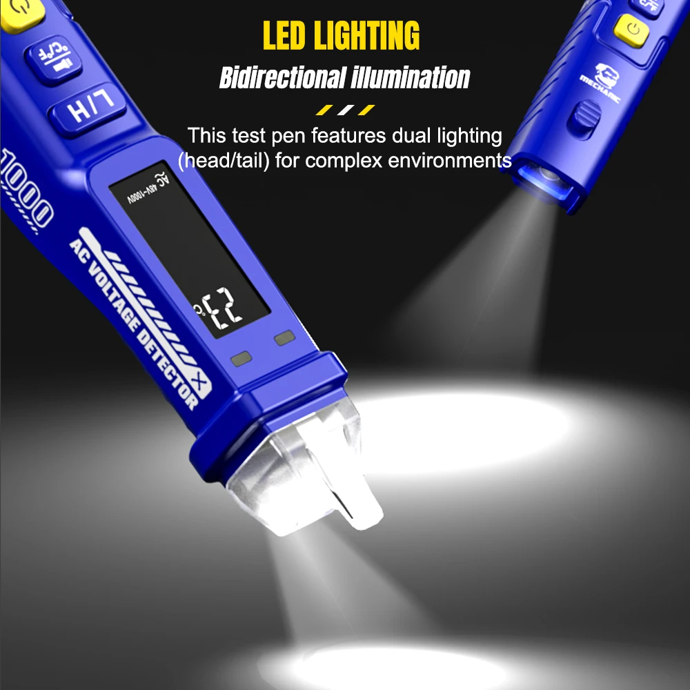 MECHANIC Бесконтактный тестер напряжения 12-1000В AC с LED-фонариком, Детектор напряжения для дома/электриков (Сертификат безопасности)