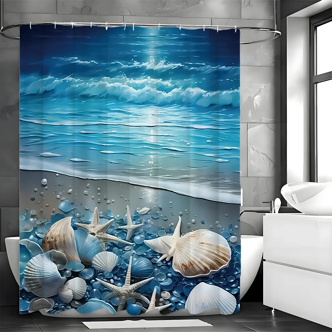 Night Ocean Beach Starfish Shell Shower Curtain, Bathroom Decorative Shower Curtain, Waterproof Shower Curtain with Hooks