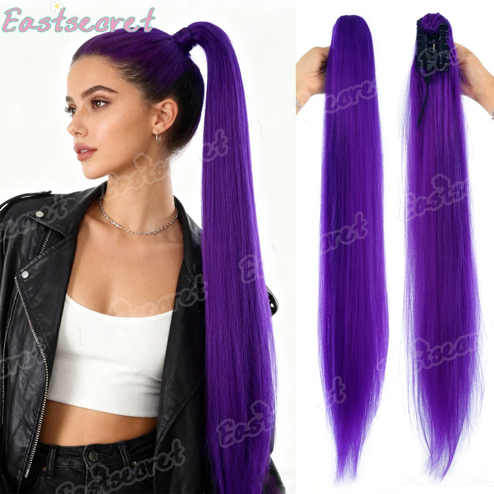 الاصطناعية طويلة مستقيم مخلب كليب على ذيل حصان وصلات شعر الأرجواني مقاومة للحرارة ذيل حصان قطعة شعر للنساء حفلة يومية #1