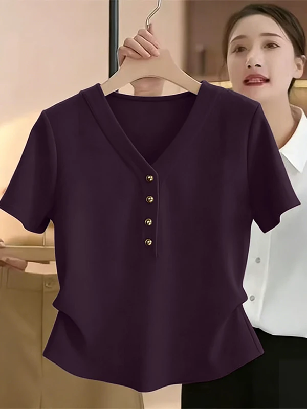 Slimming V-Neck Short Sleeve T-Shirt Women's Summer Fashion plus Size Cotton Blend Top with Waist-Cinching Pleats Korean Style