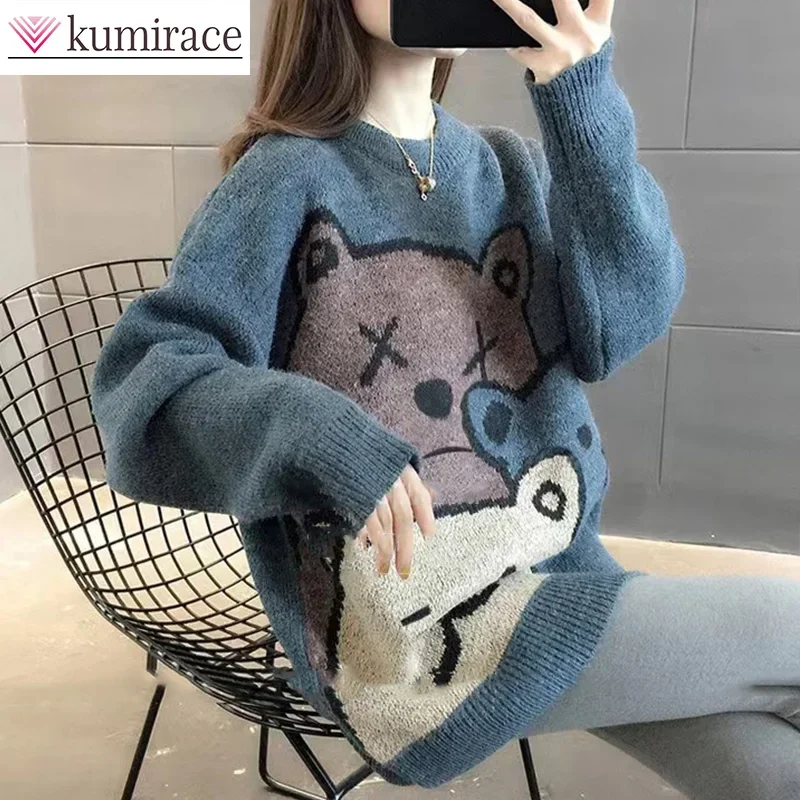 2023 Spring and Autumn New Women's Casual Mid Length Sweater Loose Fashion Coat Sweater Sweaters for Women Sweater with Cats