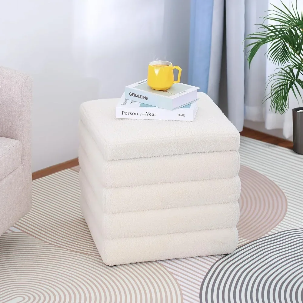 

Square Ottoman White Small Storage Ottoman Cube Ottoman for Living Room Sherpa Foot Stool Boucle Vanity Stool with Storage