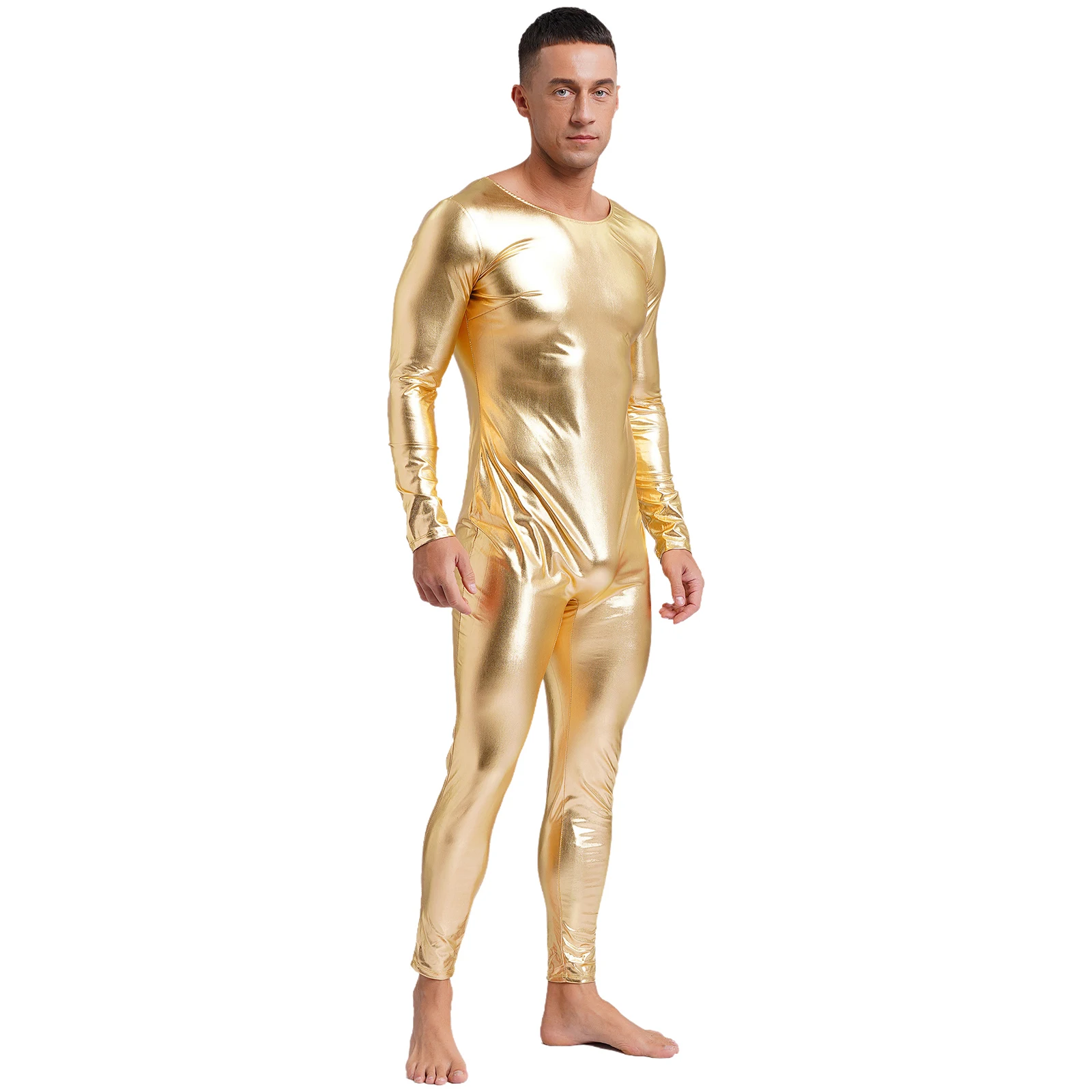Mens Metallic Shiny Jumpsuit Dancewear Clubwear Long Sleeve Slim Fit Full Body Bodysuit Carnival Party Stage Performance Costume