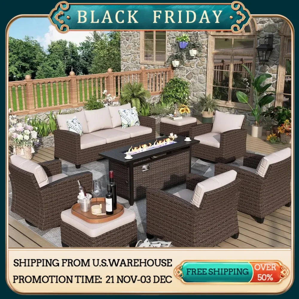 Patio Furniture Set, 8 Pcs Wicker Outdoor Conversation Set, 2 X Swivel Chairs,2 X Leg Chairs, 1 X 3 Seater Sofa