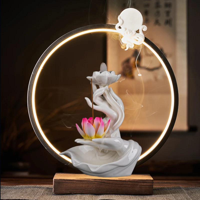 Imagem -02 - Jade Porcelana Buddha Mão Backflow Incenso Queimador de Sândalo Vara Grande Suporte para Decoração de Casa Anel de Luz Led Usb