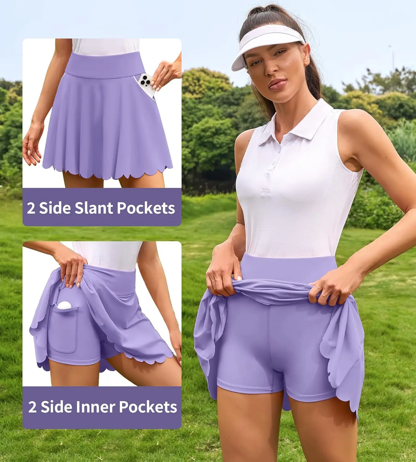 Anfilia Women Tennis Skort Solid 2 Side  Slant Pockets Built In Shorts With 2 Inner Pockets Scalloped Hem Golf Workout Skirts